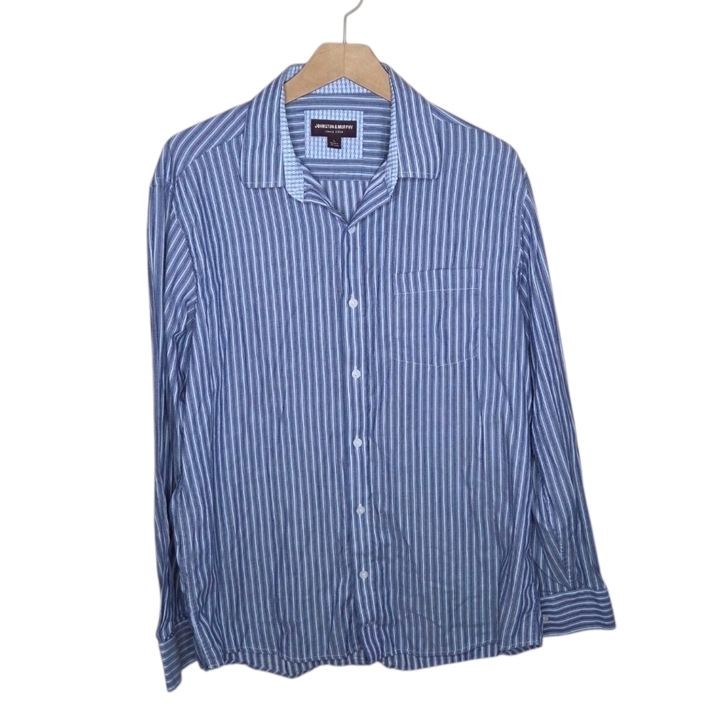 Johnston & Murphy | Blue Striped Button Front Shirt Size Large 100% Cotton